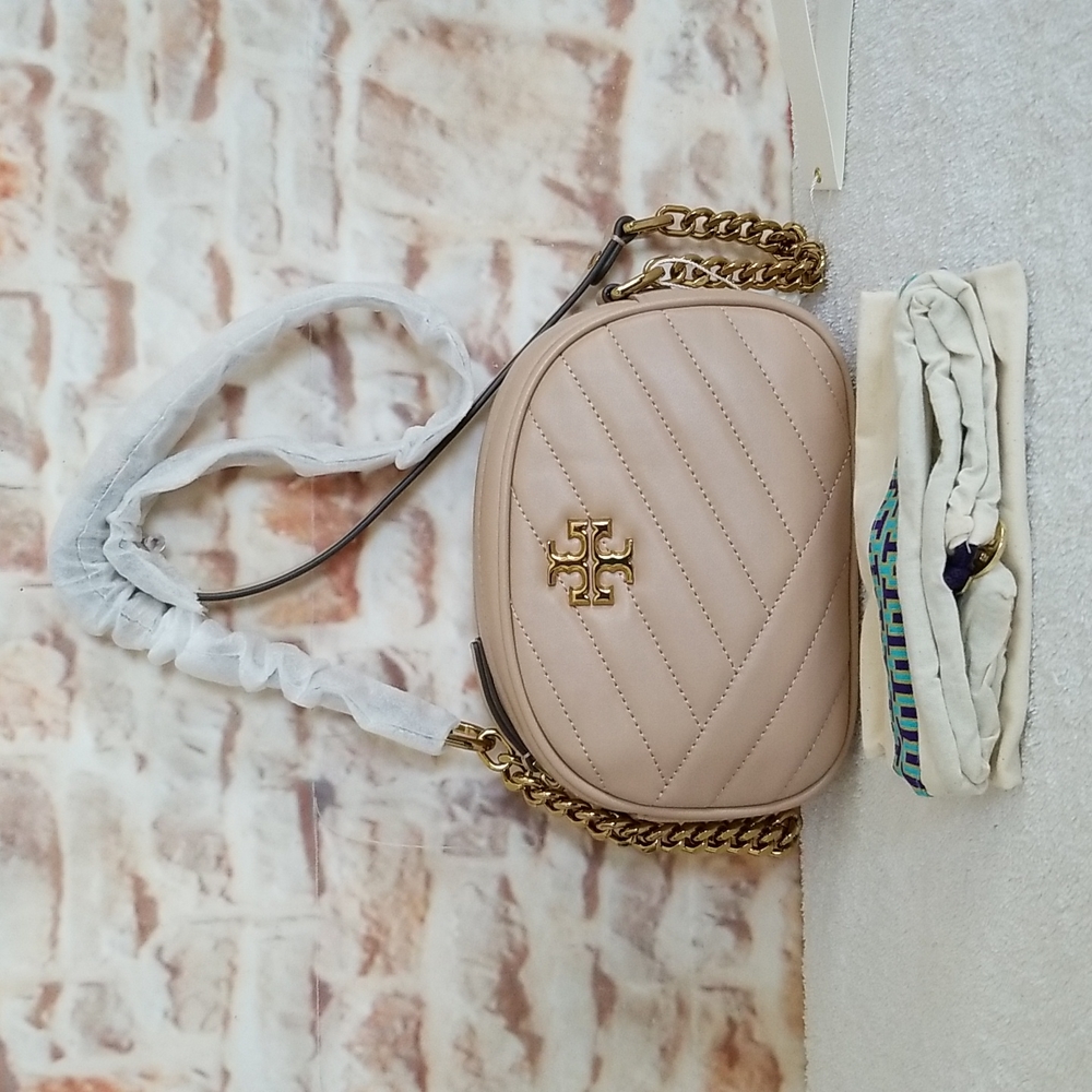 Tory Burch Beige Quilted Crossbody Bag with Gold Hardware